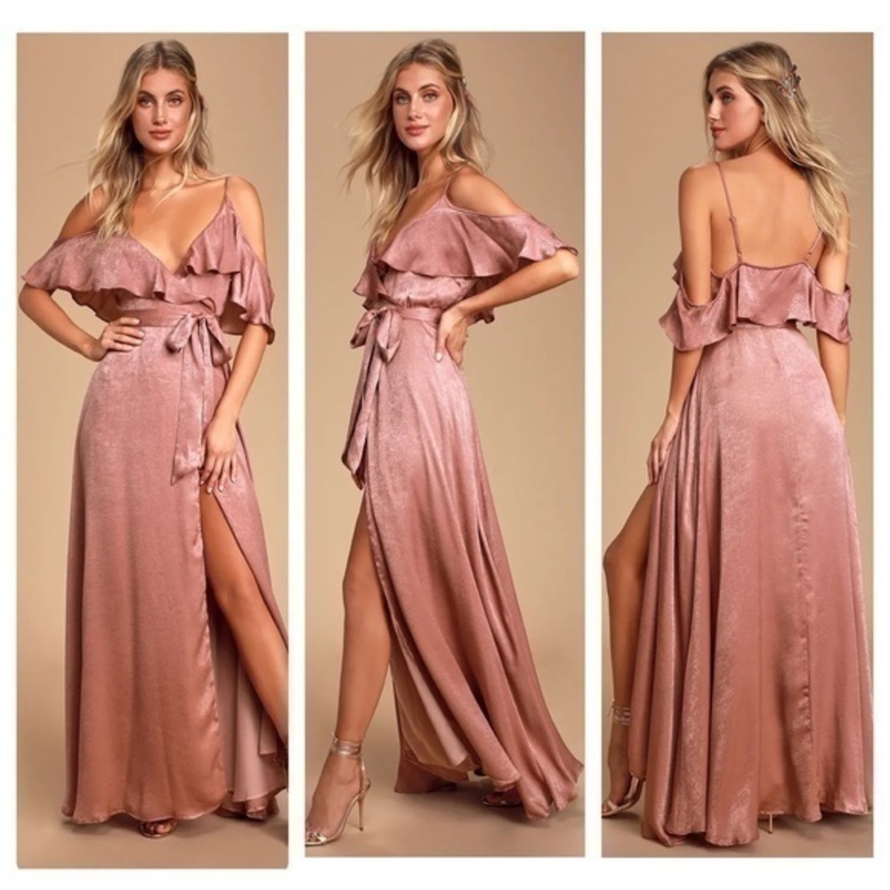 Lulu’s Moriah Rose Satin Wrap Cold Shoulder Ruffle Maxi Dress GG23